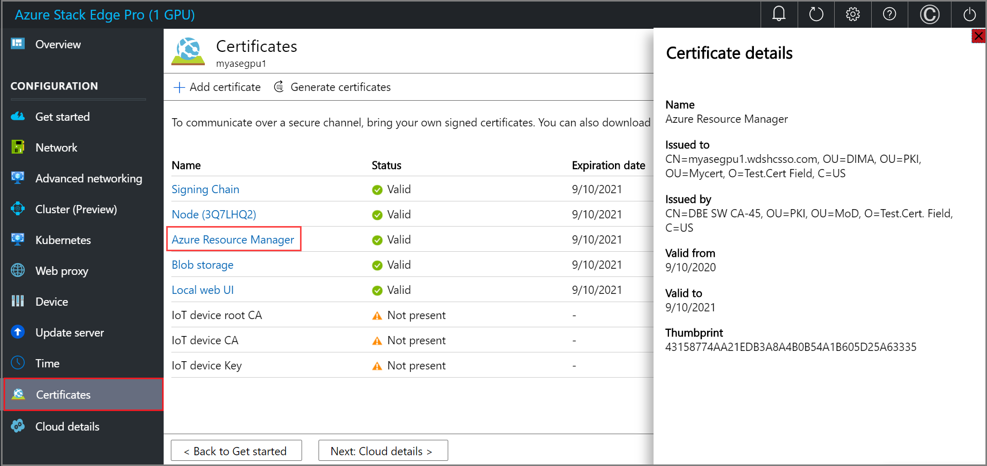 Screenshot of the Add Certificate pane for a node certificate for an Azure Stack Edge device. The certificate type and certificate entries highlighted.