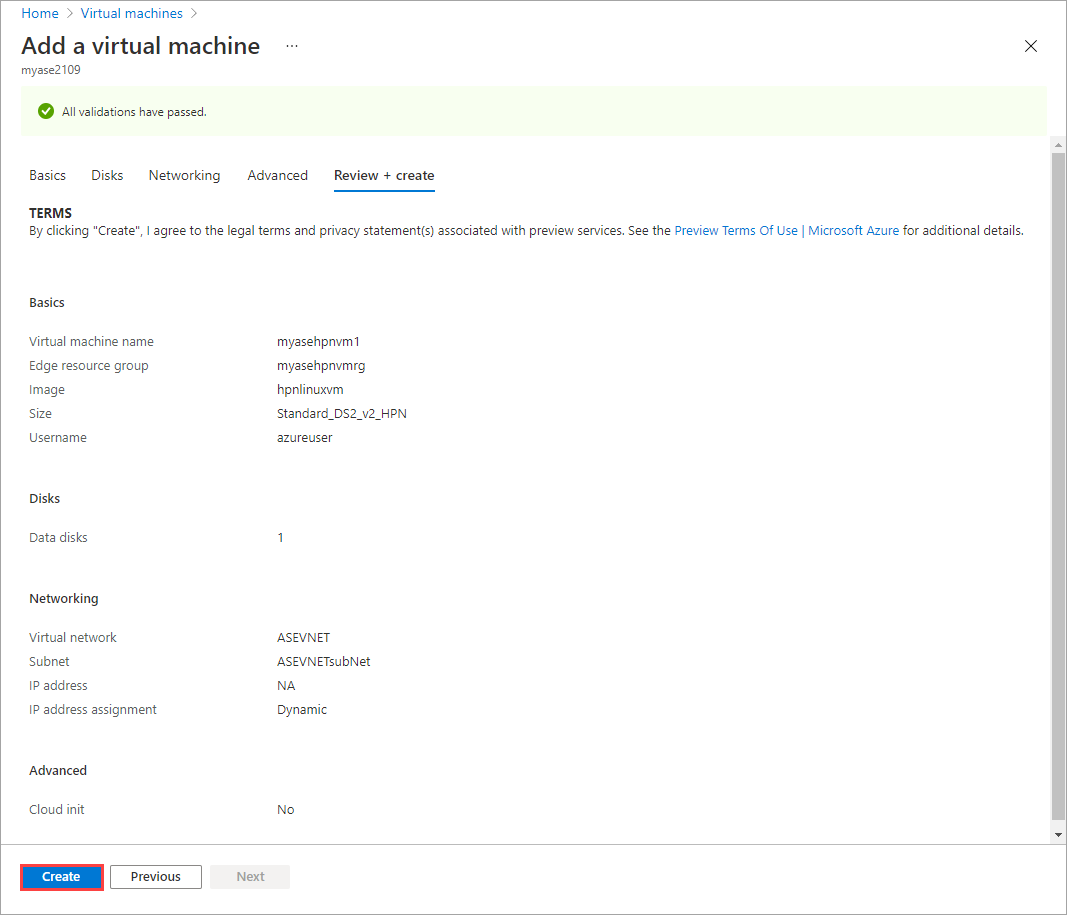 Screenshot showing the Review + Create tab in the Add Virtual Machine wizard for Azure Stack Edge. The Create button is highlighted.