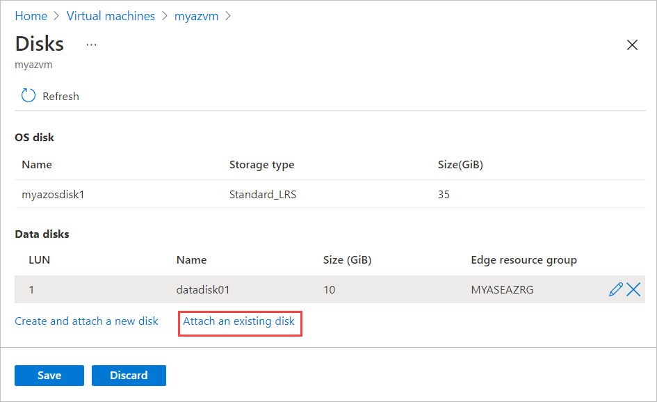 Screenshot of the Disks blade for an Azure Stack Edge virtual machine. The 