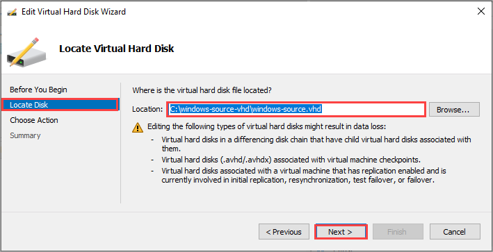 Locate virtual hard disk page