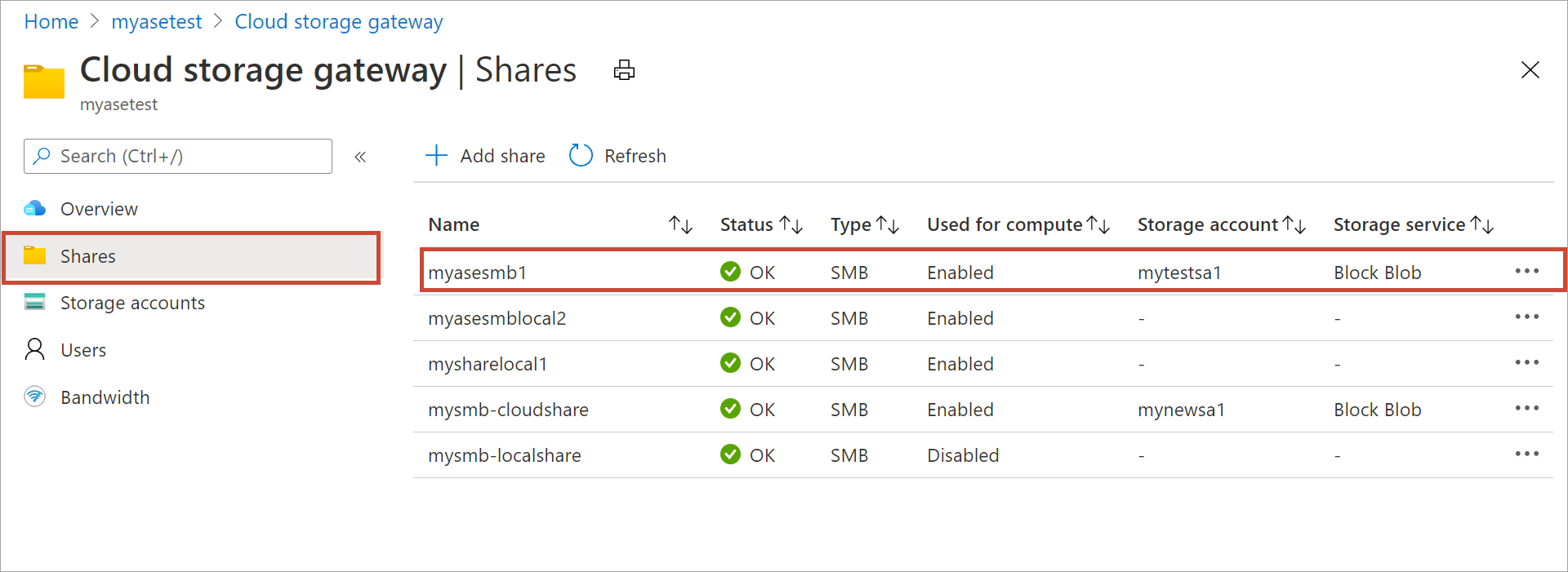 Select share with relevant storage account