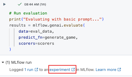 從筆記本儲存格結果連結至 MLflow 實驗 UI。