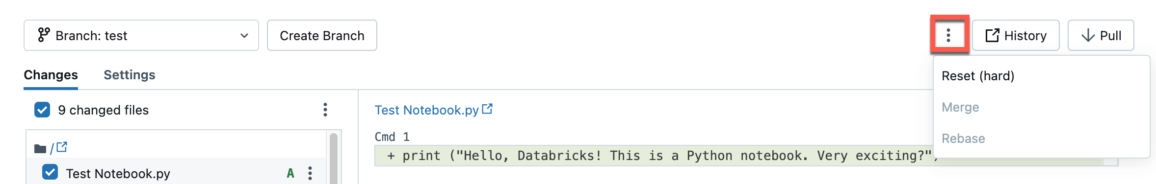 分支作業之 Git 資料夾對話框的下拉功能表。