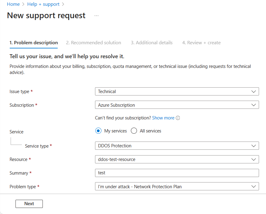Screenshot of creating a DDoS Support Ticket in Azure.