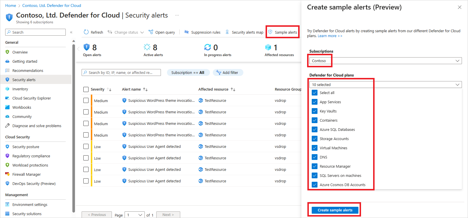 顯示在適用於雲端的 Microsoft Defender 中建立範例警示之步驟的螢幕擷取畫面。