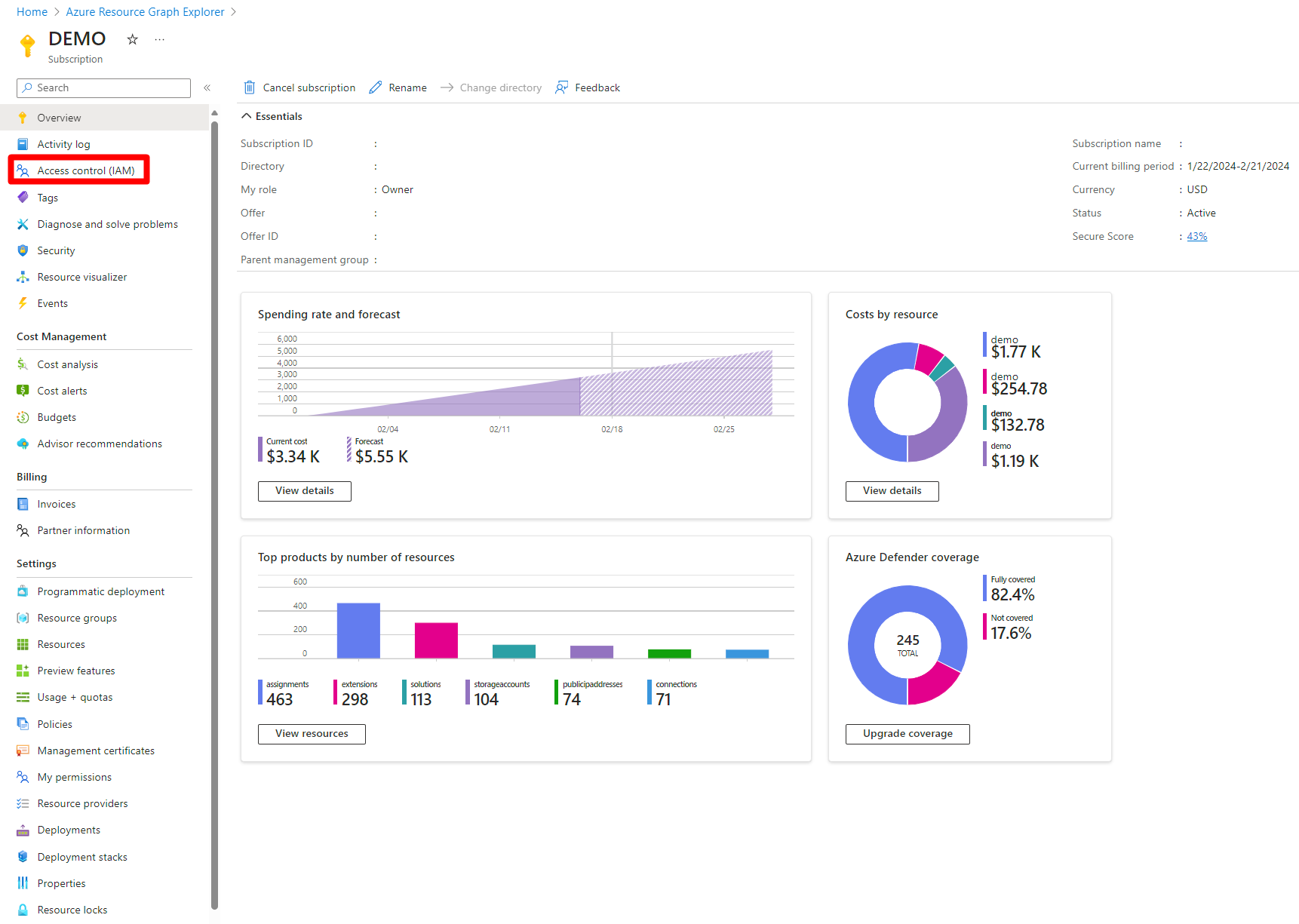 顯示在所選取資源中何處選取存取控制 IAM 的螢幕擷取畫面。