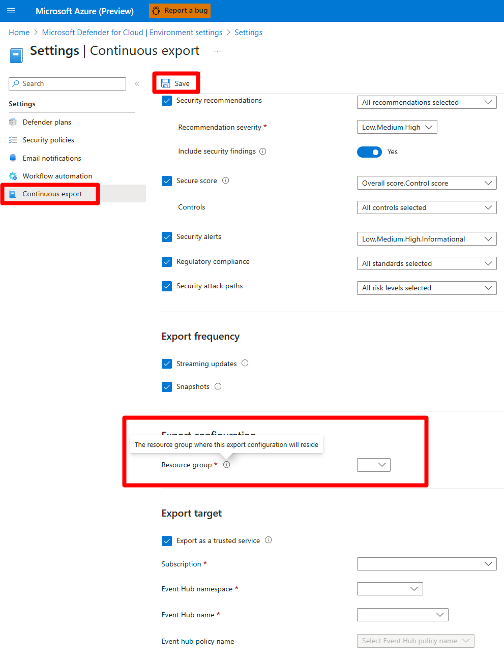 顯示 適用於雲端的 Microsoft Defender 中匯出選項的螢幕快照。