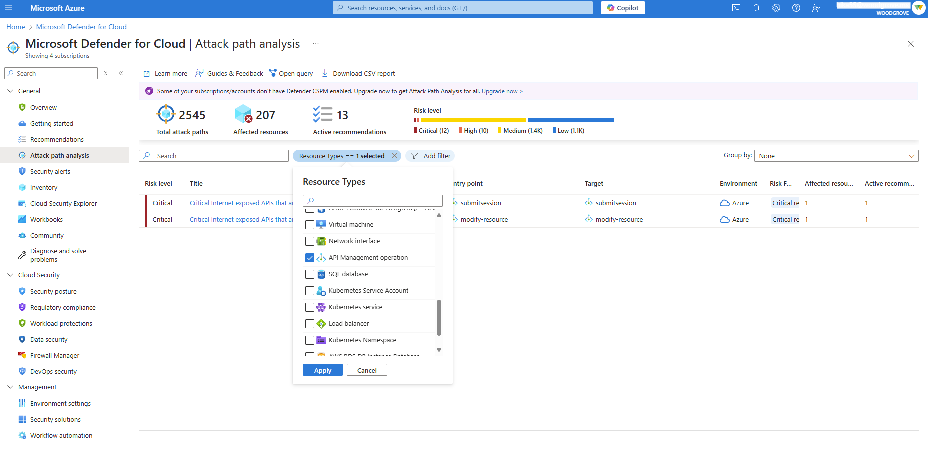 API 管理作業篩選的攻擊路徑分析螢幕快照。