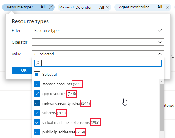 Azure 資訊安全中心 資產清查頁面中篩選中的計數。