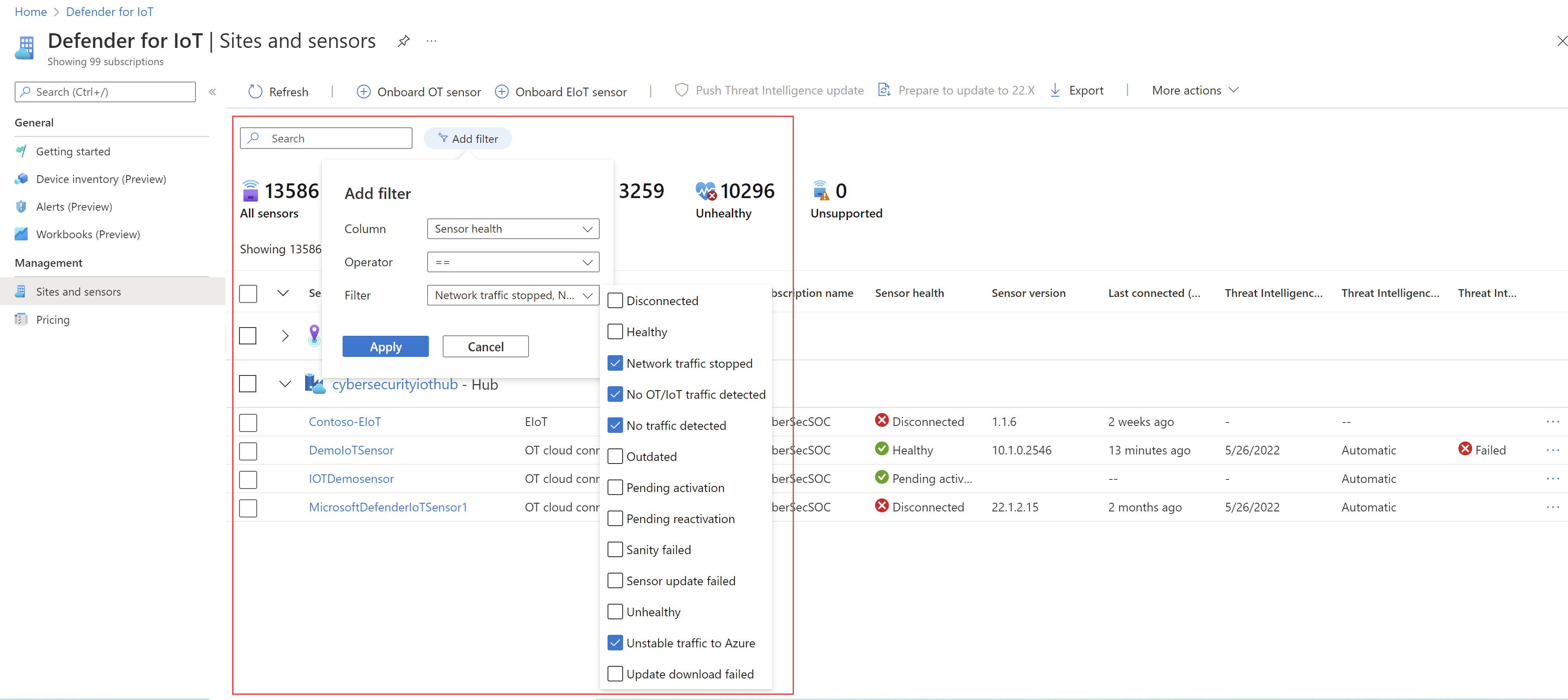 感測器健康情況篩選條件的螢幕快照。