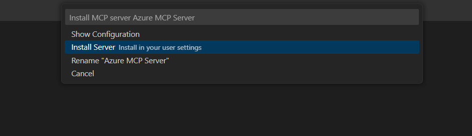 顯示 Azure MCP 伺服器安裝選項的螢幕快照。