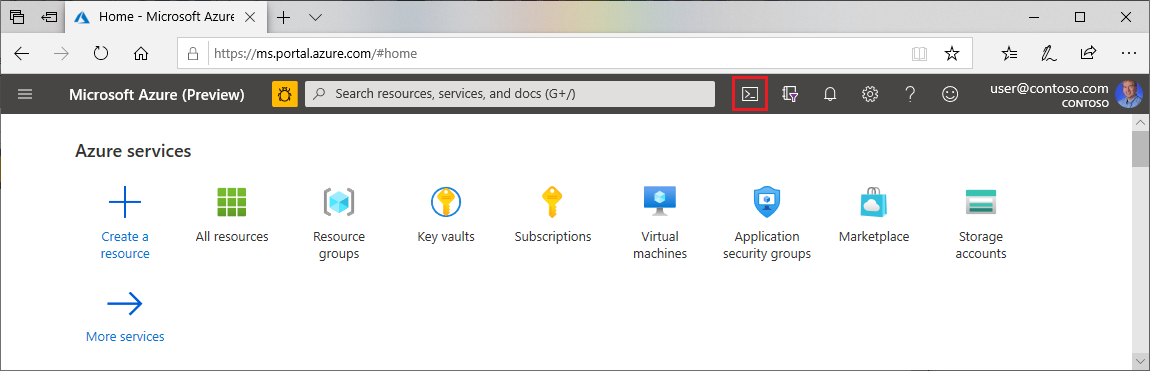 從Azure 入口網站的頂端功能表開啟Cloud Shell。