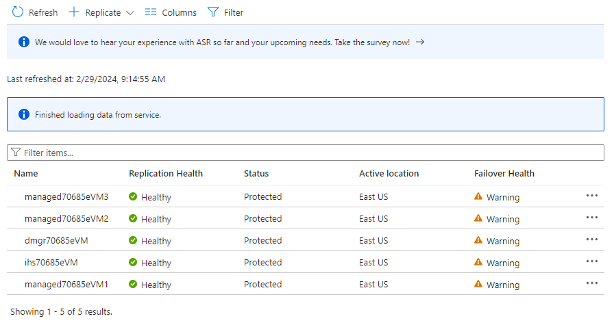 Azure 入口網站 的螢幕快照,其中顯示複寫和保護的 VM。