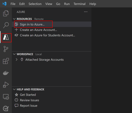 Visual Studio Code螢幕擷取畫面，其中顯示如何將 Azure 工具登入 Azure。