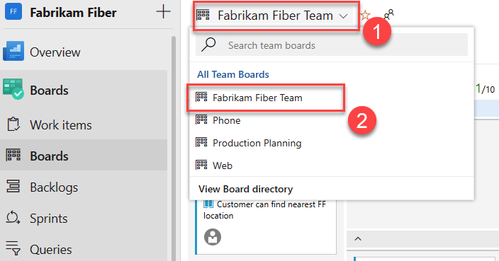 此螢幕擷取畫面顯示所有 Team Boards 可供選擇，並列在下拉式功能表中。