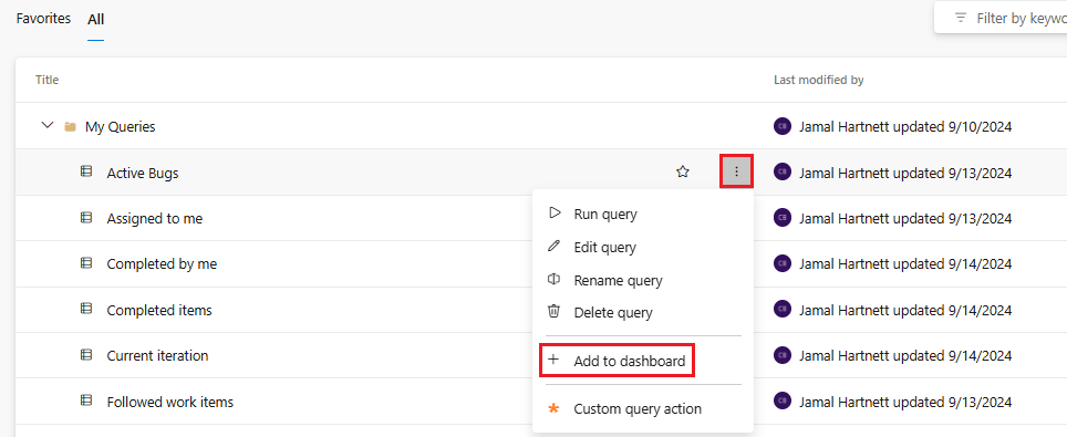 [「更多動作」功能表的螢幕快照，選取「新增至儀錶板」]。