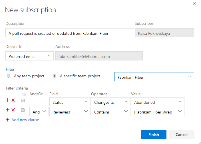 顯示如何設定新通知訂閱詳細數據的螢幕快照，包括電子郵件位址和其他欄位準則。