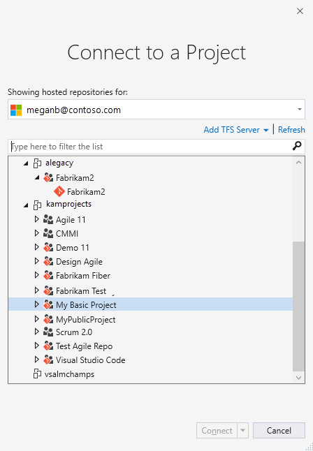 連接至專案對話框 2017 的螢幕截圖。