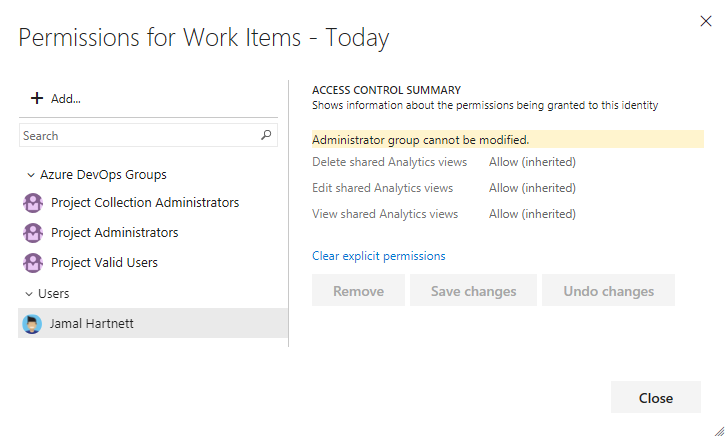管理共享分析檢視安全對話框的截圖，變更使用者權限，Azure DevOps Server.