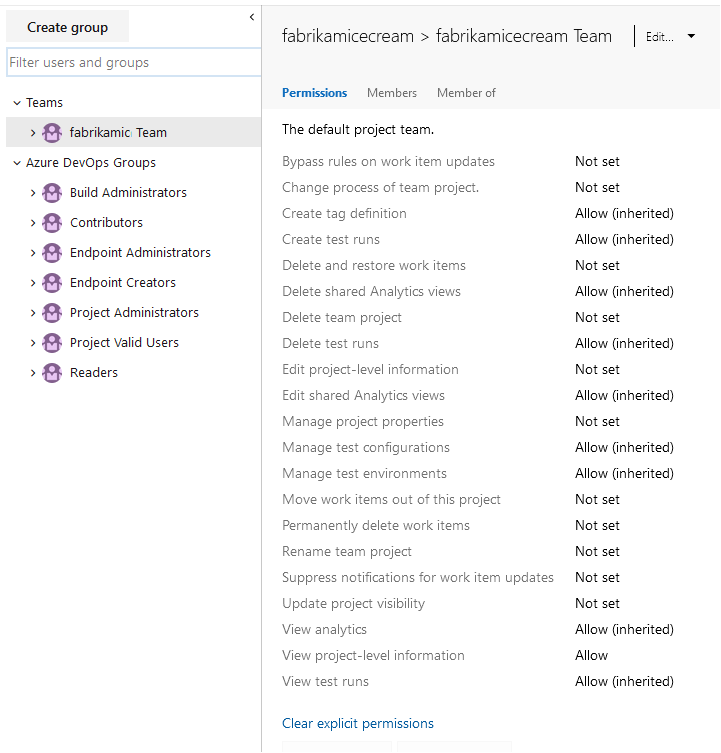 專案層級群組與權限截圖，Azure DevOps current.