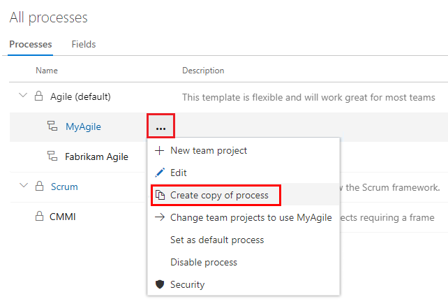 顯示如何為選取的程序選擇複製選項的螢幕快照。