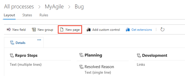 進程、工作項目類型、Bug：版面配置、新增頁面選項