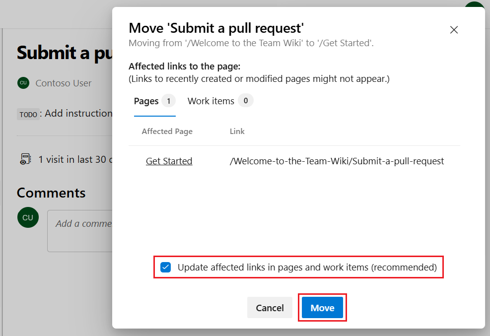 顯示如何讓系統調整Wiki序列中頁面移動所造成的任何頁面連結的螢幕快照。