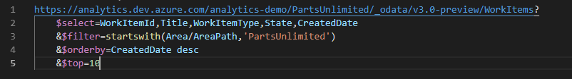 顯示 Visual Studio Code OData 擴充功能的螢幕快照,其中已醒目提示語法。