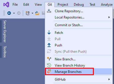 Visual Studio 2019 Git 功能表中 [管理分支] 選項的螢幕快照。