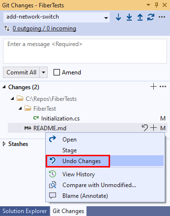 Visual Studio 中已變更檔案的操作功能表選項螢幕擷取畫面。