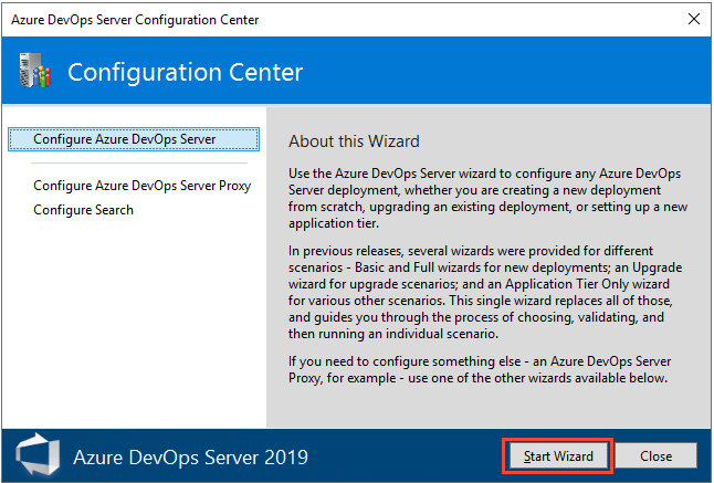 ：[開始精靈]，Azure DevOps Server 2019 年。