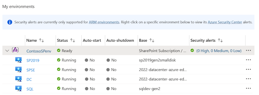顯示針對新佈建環境建立之 VM 清單的螢幕擷取畫面。
