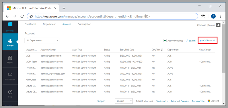 A screenshot of the Azure Enterprise Portal management page with +Add Account selected.