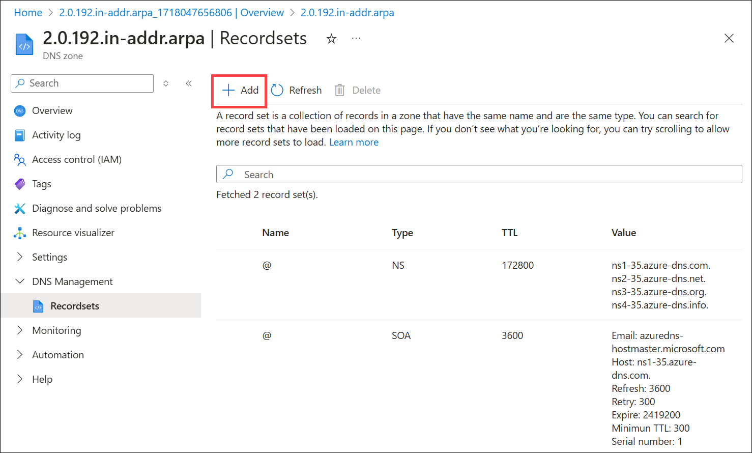 Screenshot of create IPv4 pointer record set.