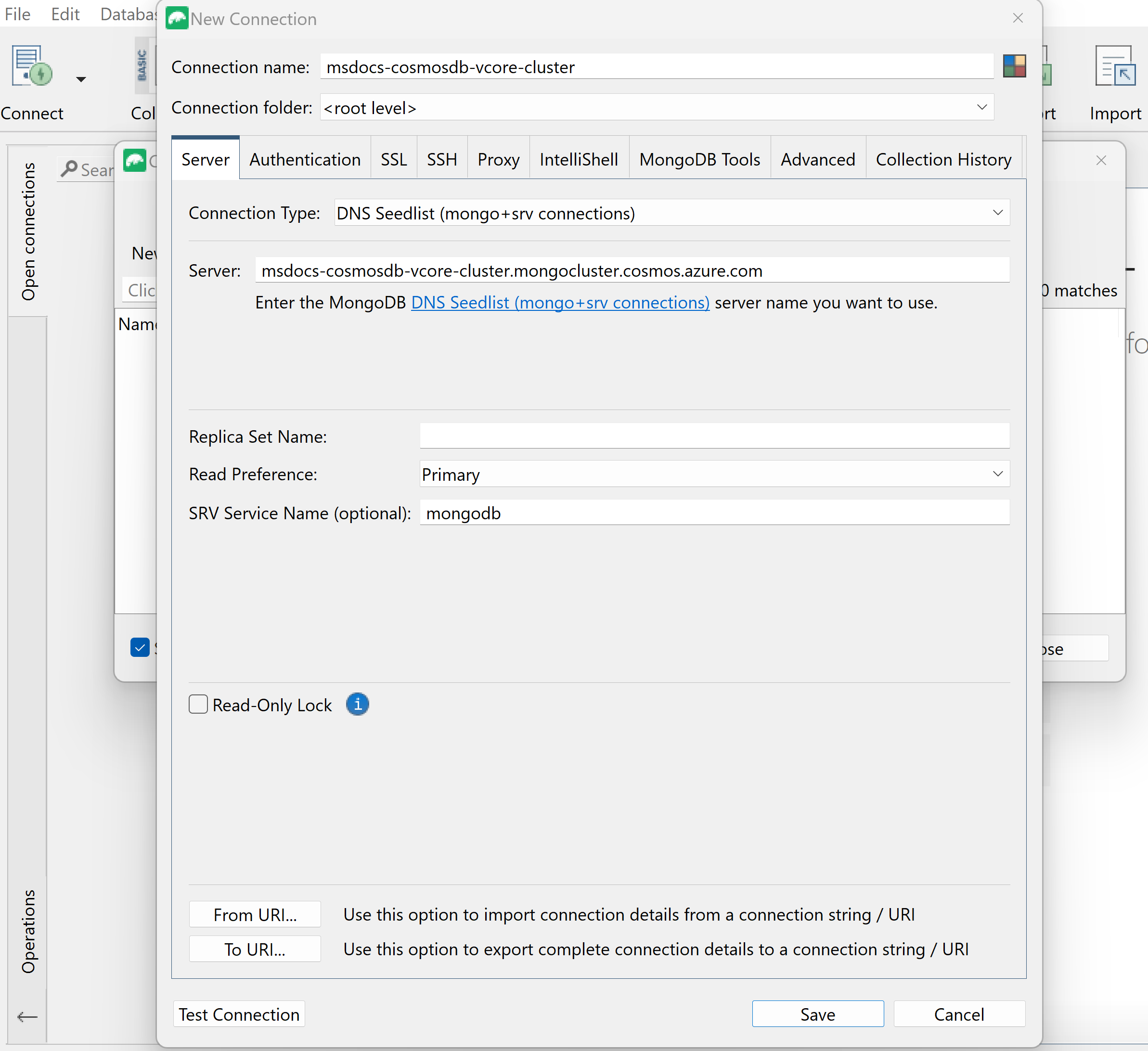 新連線的 Studio 3T 中伺服器連線資訊的螢幕擷取畫面。