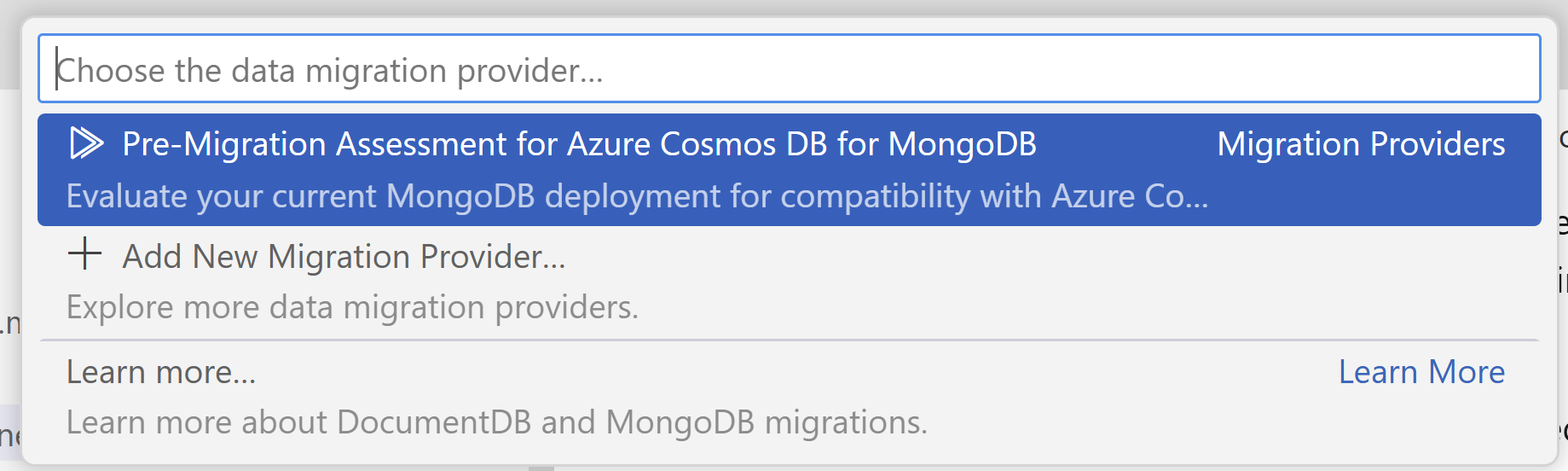 顯示 Visual Studio Code 中遷移前評估選項的指令面板截圖。
