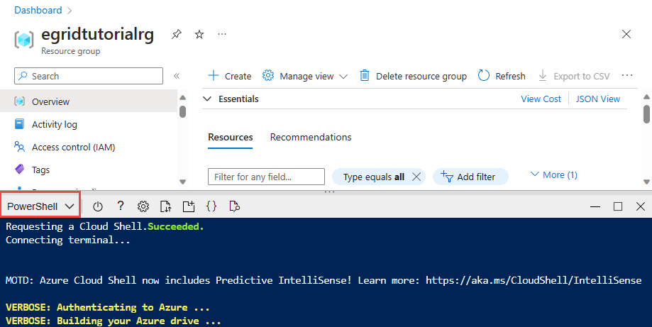 顯示已選取 PowerShell 選項的 Azure Cloud Shell 螢幕快照。