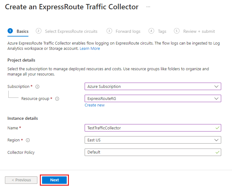 建立 ExpressRoute 流量收集器的基本頁面螢幕擷取畫面。