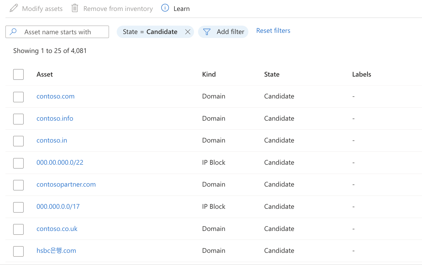 Screenshot that shows results returned when filtering for Candidate assets.