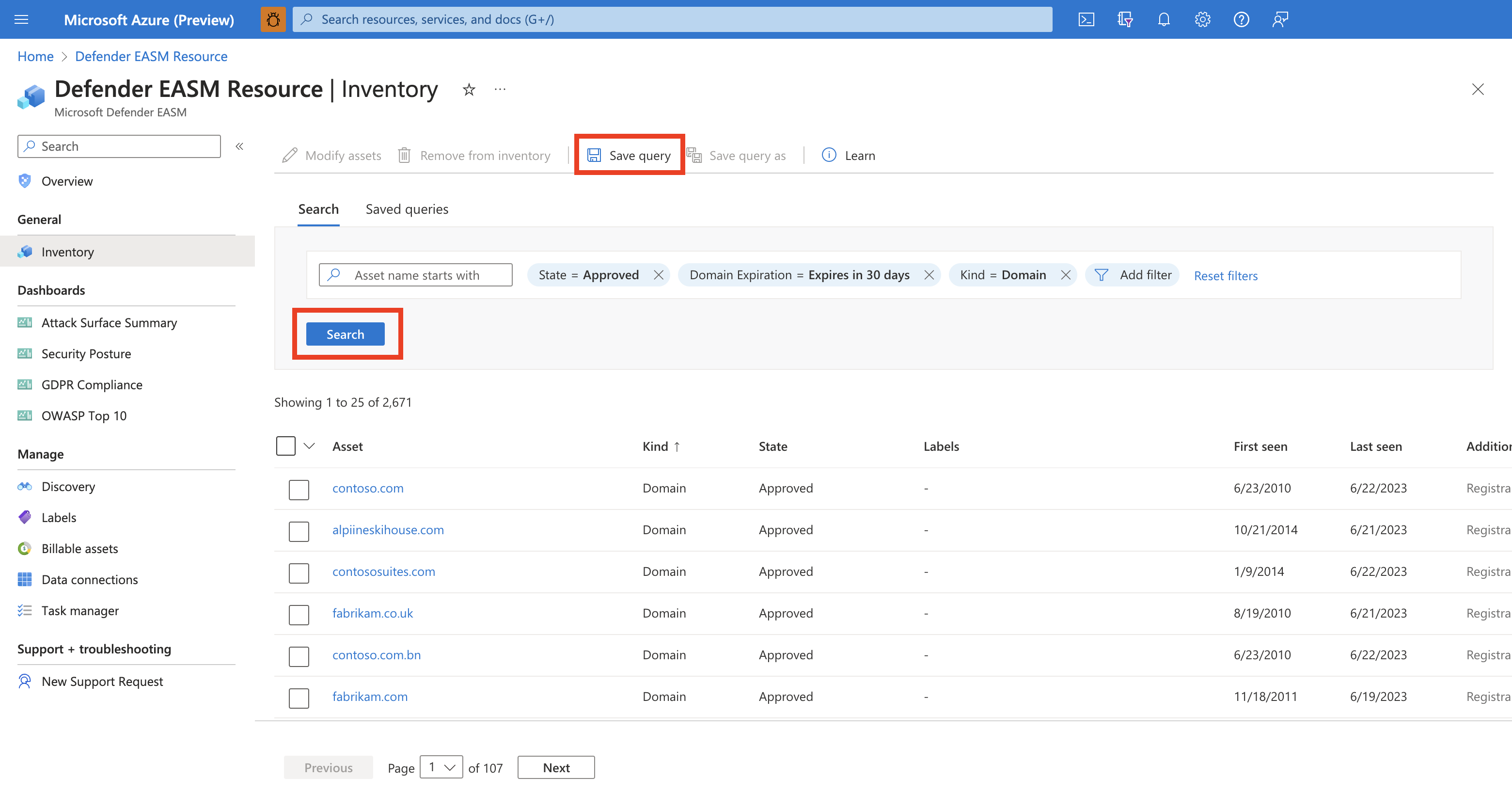 Screenshot that shows the Inventory page with the Search and Saved query buttons highlighted.