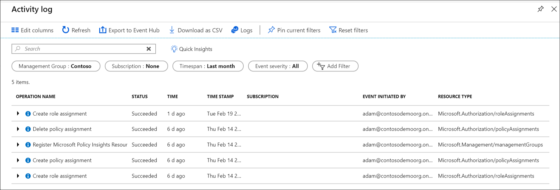 Screenshot of Activity Logs and operations related to the selected management group.