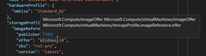 Visual Studio Code Azure 原則 延伸模組的螢幕快照，將滑鼠停留在屬性上以顯示別名名稱。