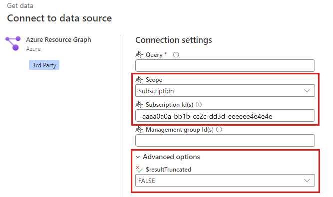 Power BI 服務 Azure Resource Graph 對話方塊的螢幕擷取畫面，用於使用範圍、訂用帳戶識別碼和$resultTruncated選擇性設定的查詢。