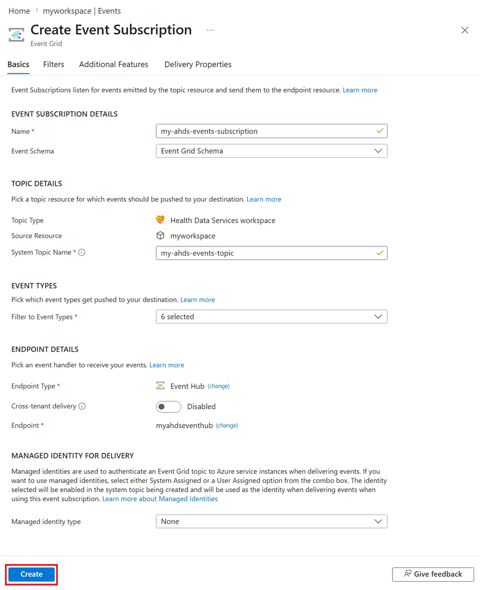 Screenshot of the create event subscription box.