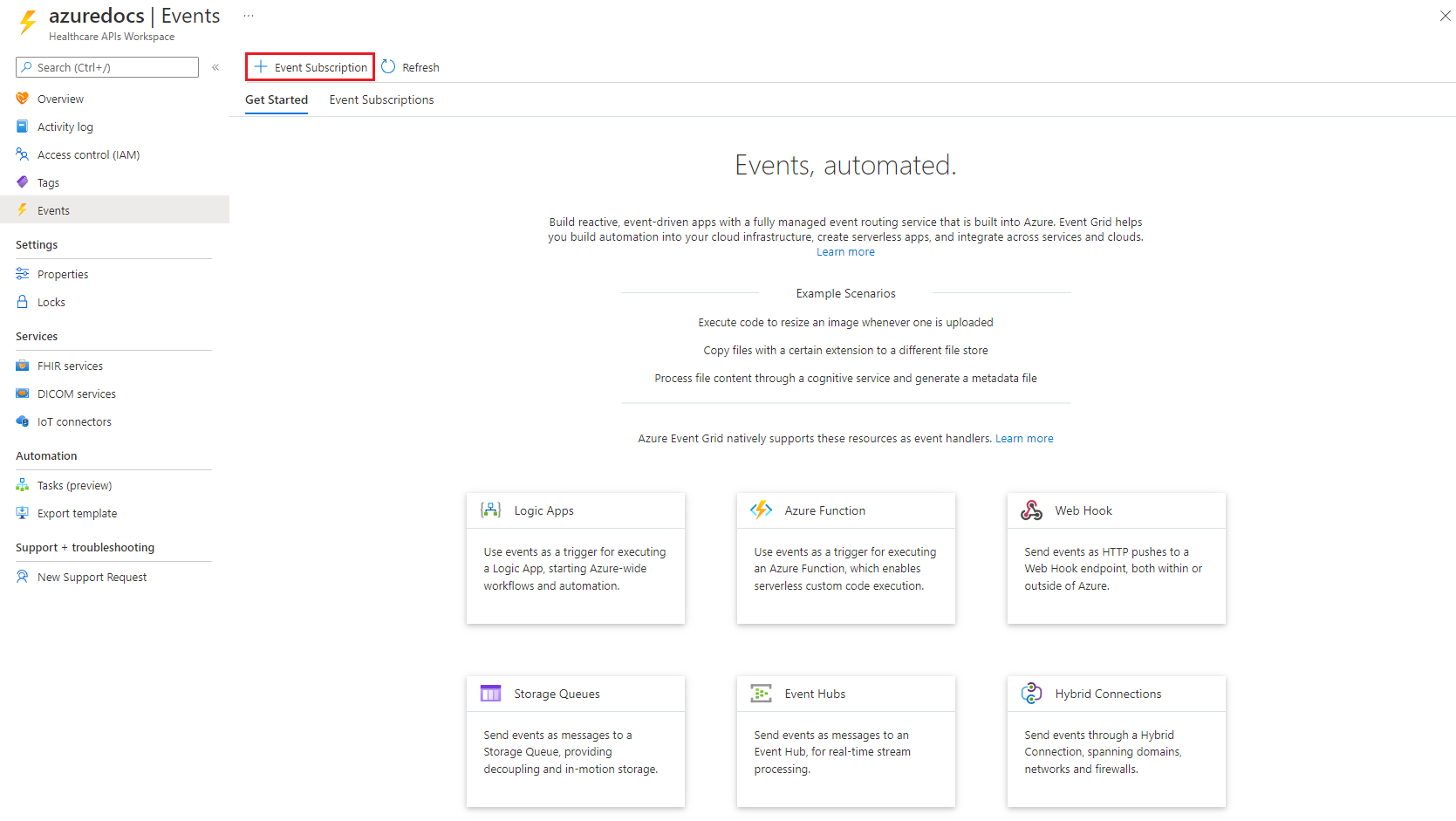 Screenshot of workspace and select events subscription button.