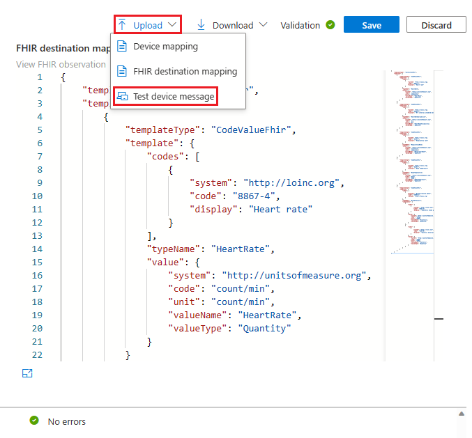 Screenshot of the Mapping debugger and test device message box.