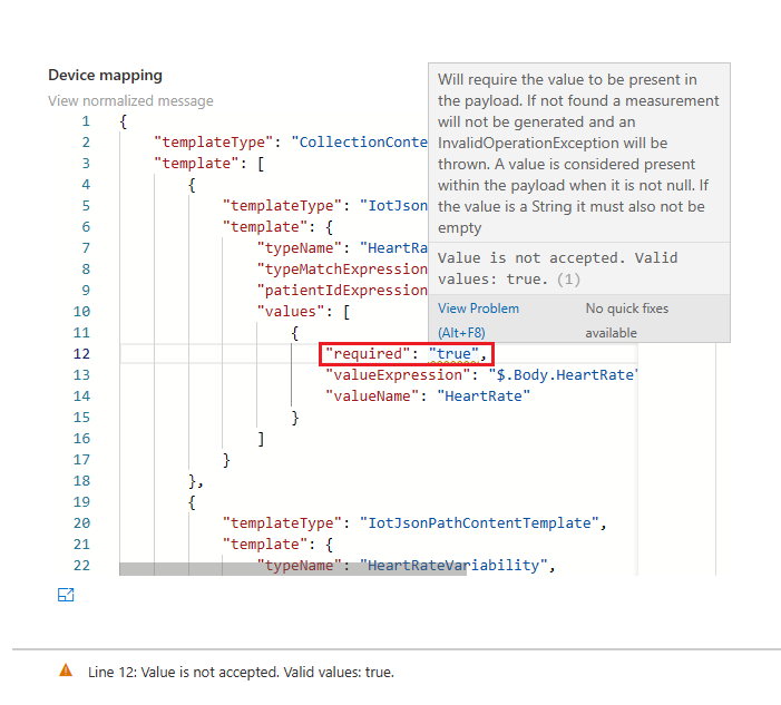 Screenshot of the Mapping debugger with error details for the device mappings warning.