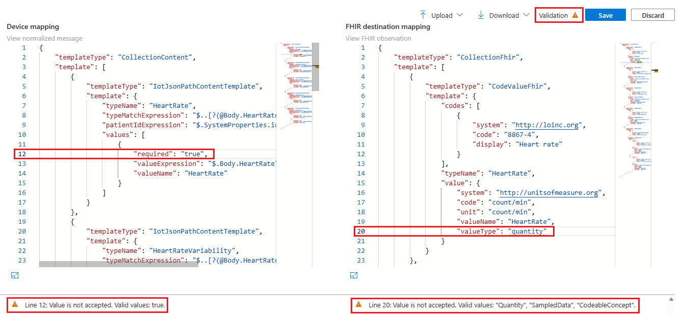 Screenshot of the Mapping debugger with device and FHIR destination mappings warnings.