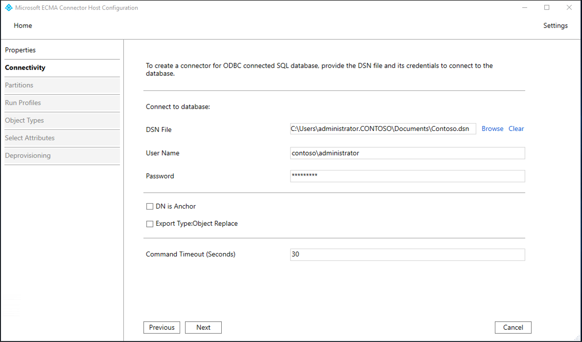 Screenshot that shows the Connectivity page.