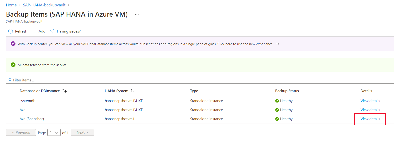 Screenshot that shows where to view the details of the HANA database snapshot.